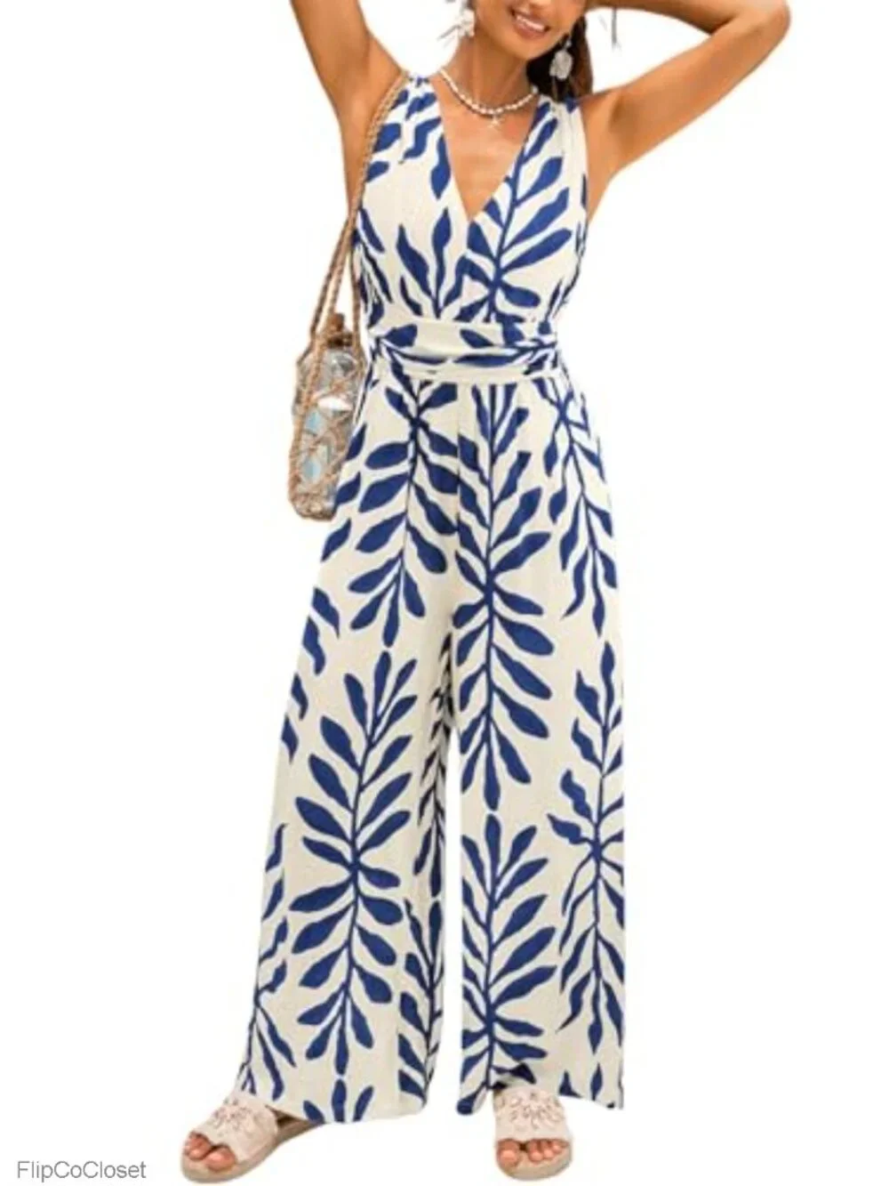 CUPSHE Women's Wide Leg Maxi Jumpsuit V Neck Sleeveless Romper with Pockets